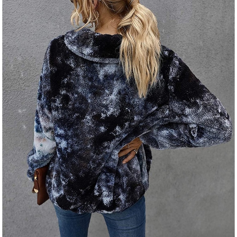 Tie Dye-Black Faux Shearling Shaggy Warm Pullover - Picture 5 of 6